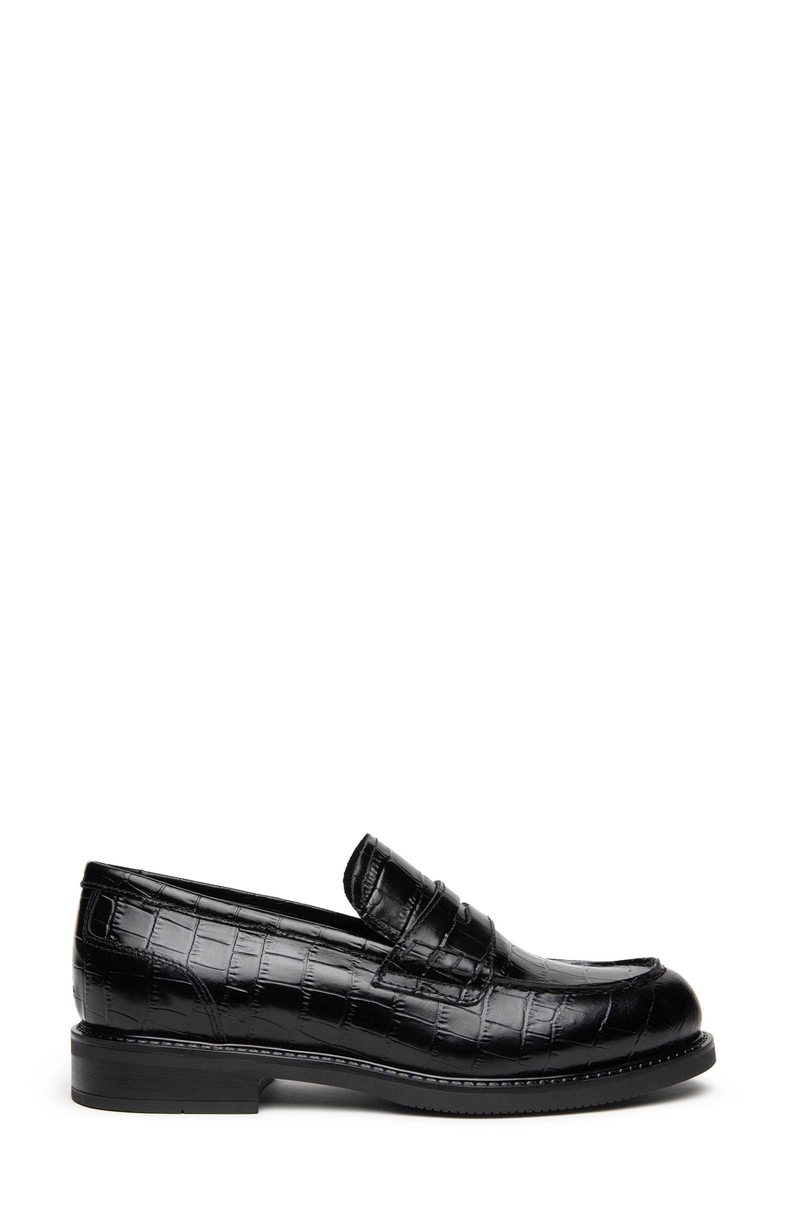 Croc Embossed Leather Penny Loafer, Alternate, color, BLACK