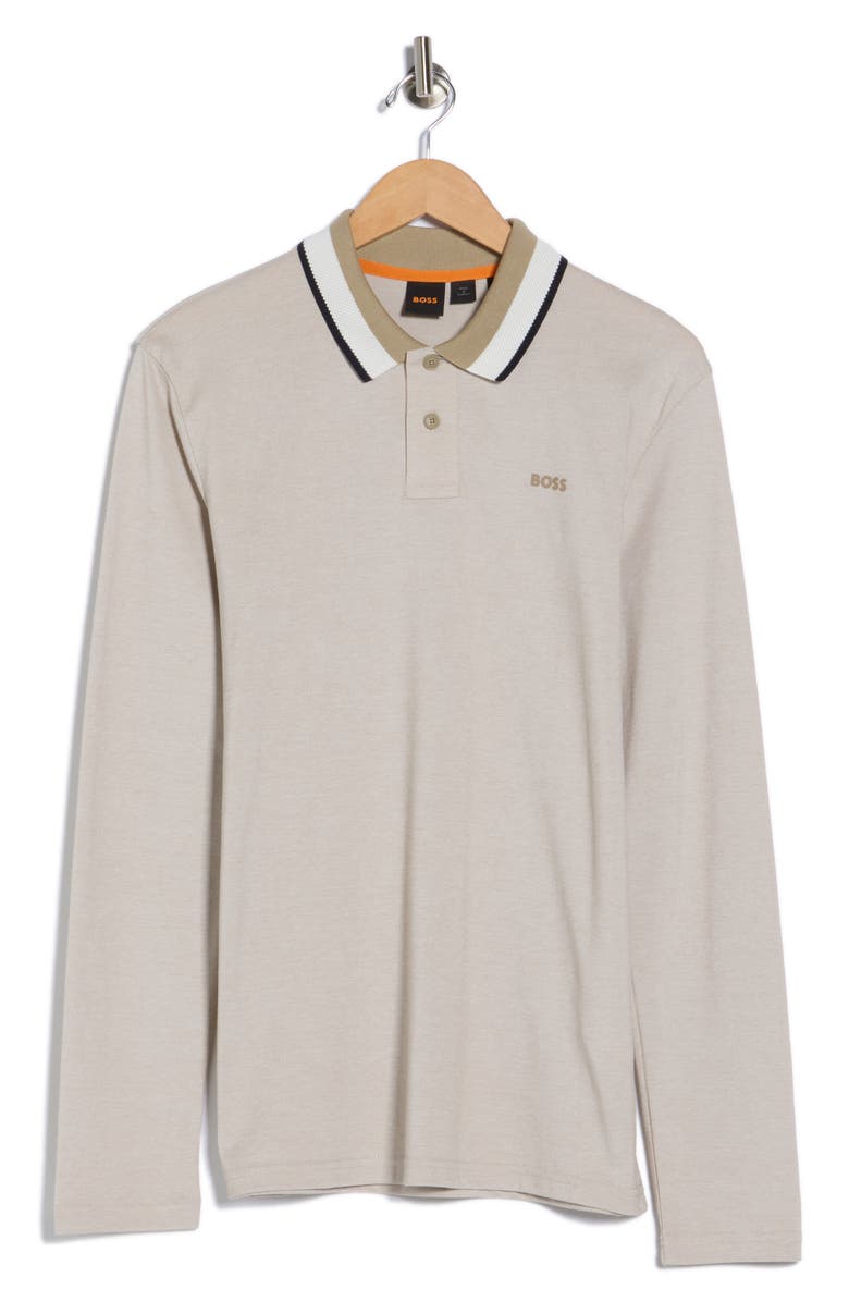 BOSS Stripe Collar Long Sleeve Cotton Piqué Polo, Alternate, color, Medium Beige