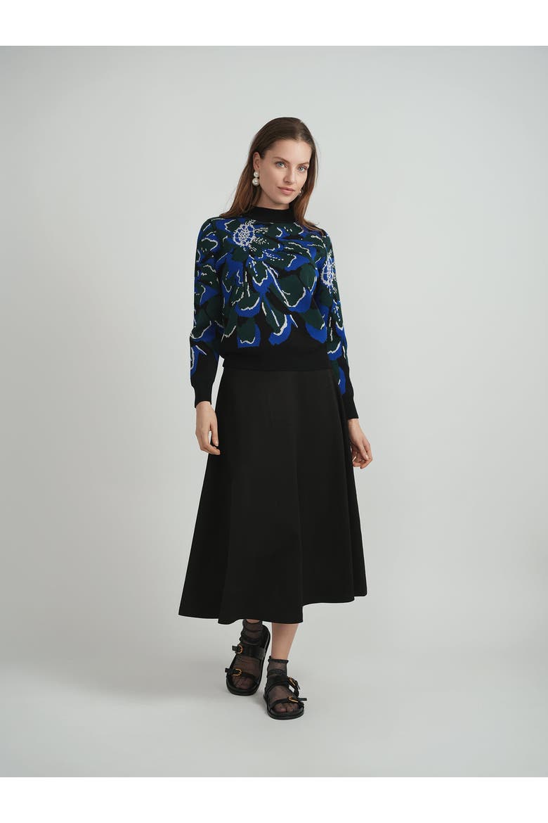 Floral Ribbed Neck Cuffs Knit Sweater, Alternate, color, Black/Dark Wine