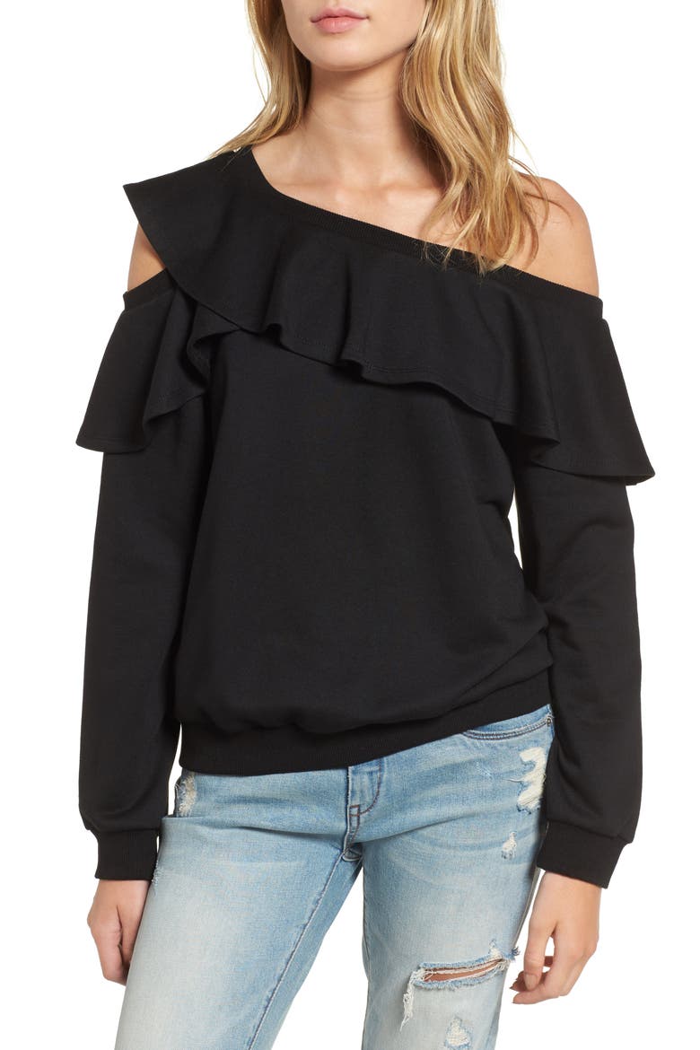 One-Shoulder Ruffle Sweatshirt, Main, color, BLACK
