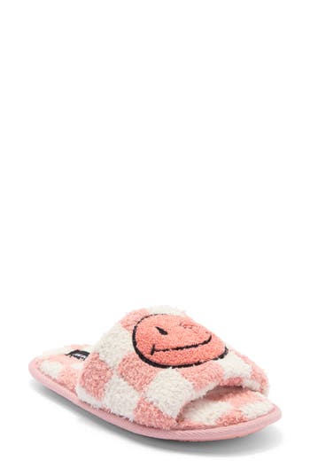Joe Boxer Faux Fur Happy Face Slide Slipper In Brown