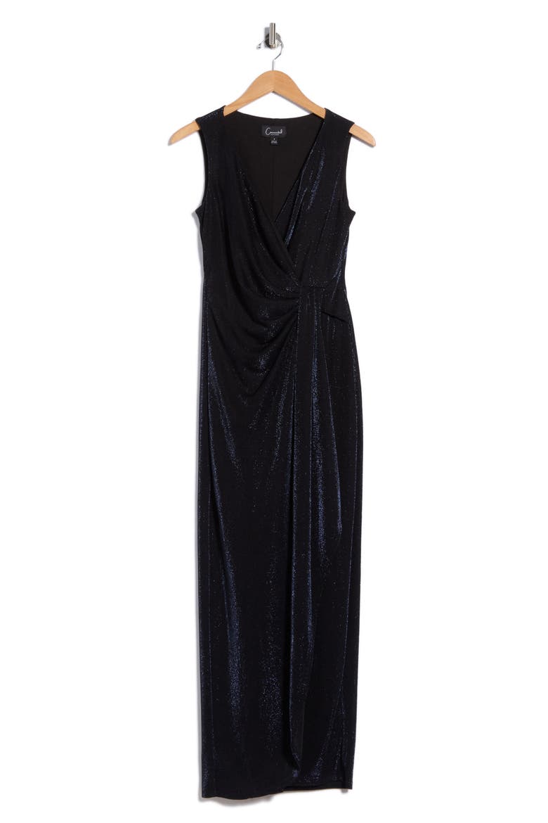 Sleeveless Metallic Shimmer Faux Wrap Maxi Dress, Main, color, MIDNIGHT