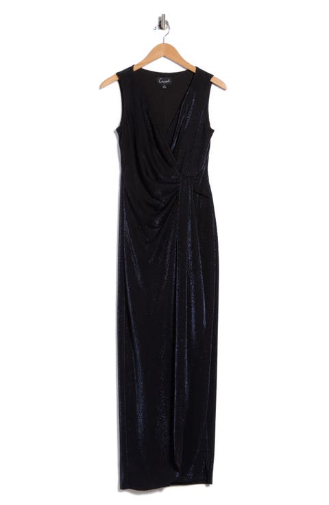 Sleeveless Metallic Shimmer Faux Wrap Maxi Dress