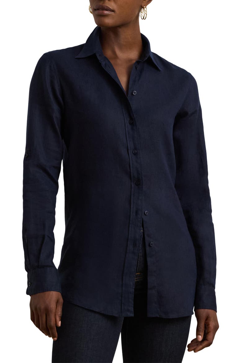 Relaxed Fit Linen Button-Up Shirt, Main, color, LAUREN NAVY