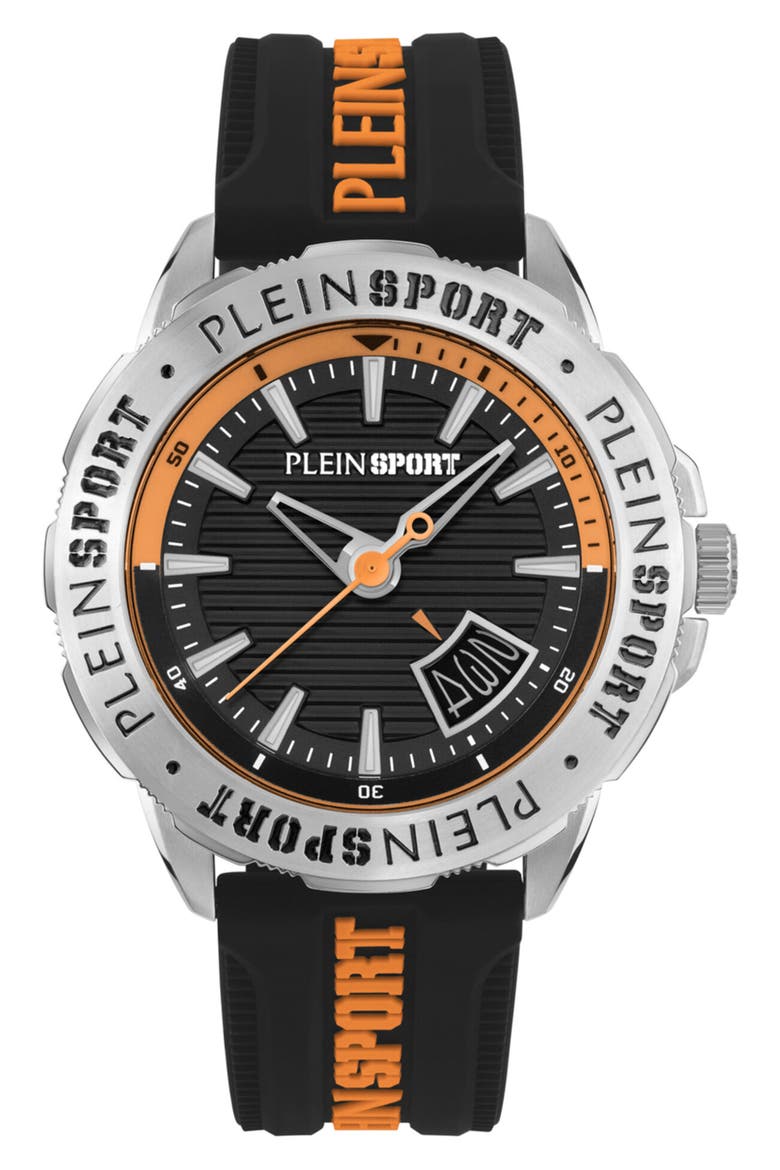 Rampage Silicone Strap Watch, 44mm, Main, color, BLACK/ ORANGE/ STEEL