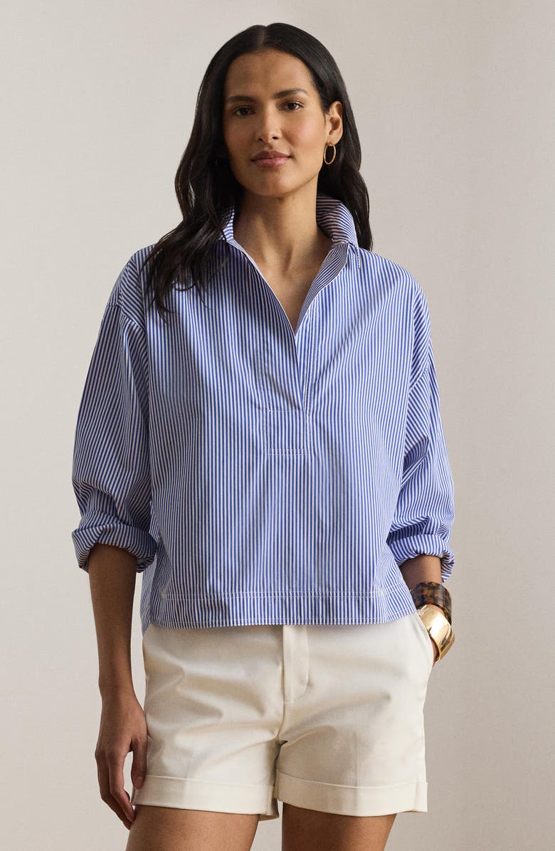 Lauren Ralph Lauren '70s Stripe Cotton Broadcloth Crop Popover Shirt, Alternate, color, Blue/ White