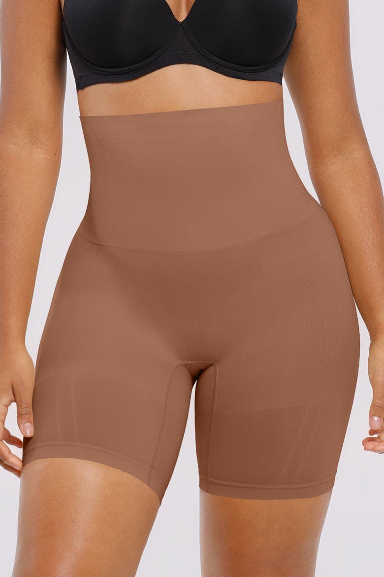 Everyday High Waist Shaping Shorts, Alternate, color, Latte