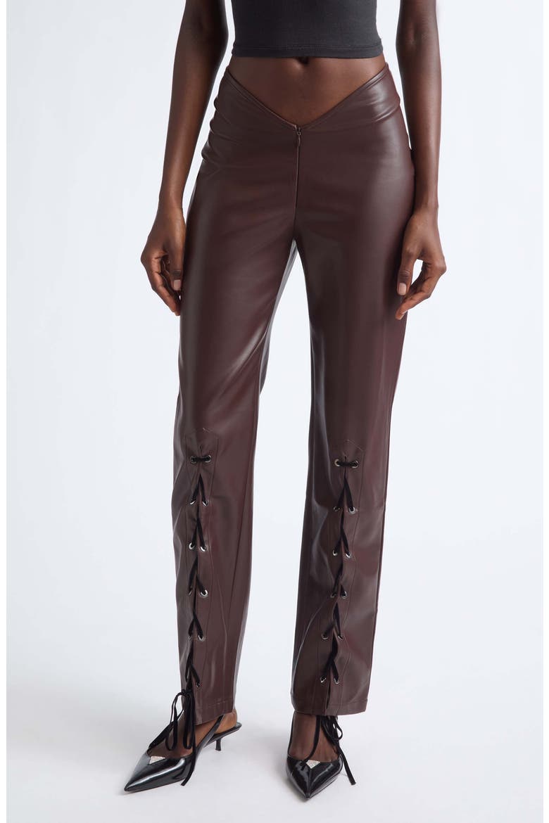 V Line Faux Leather Pants, Main, color, DARK BROWN
