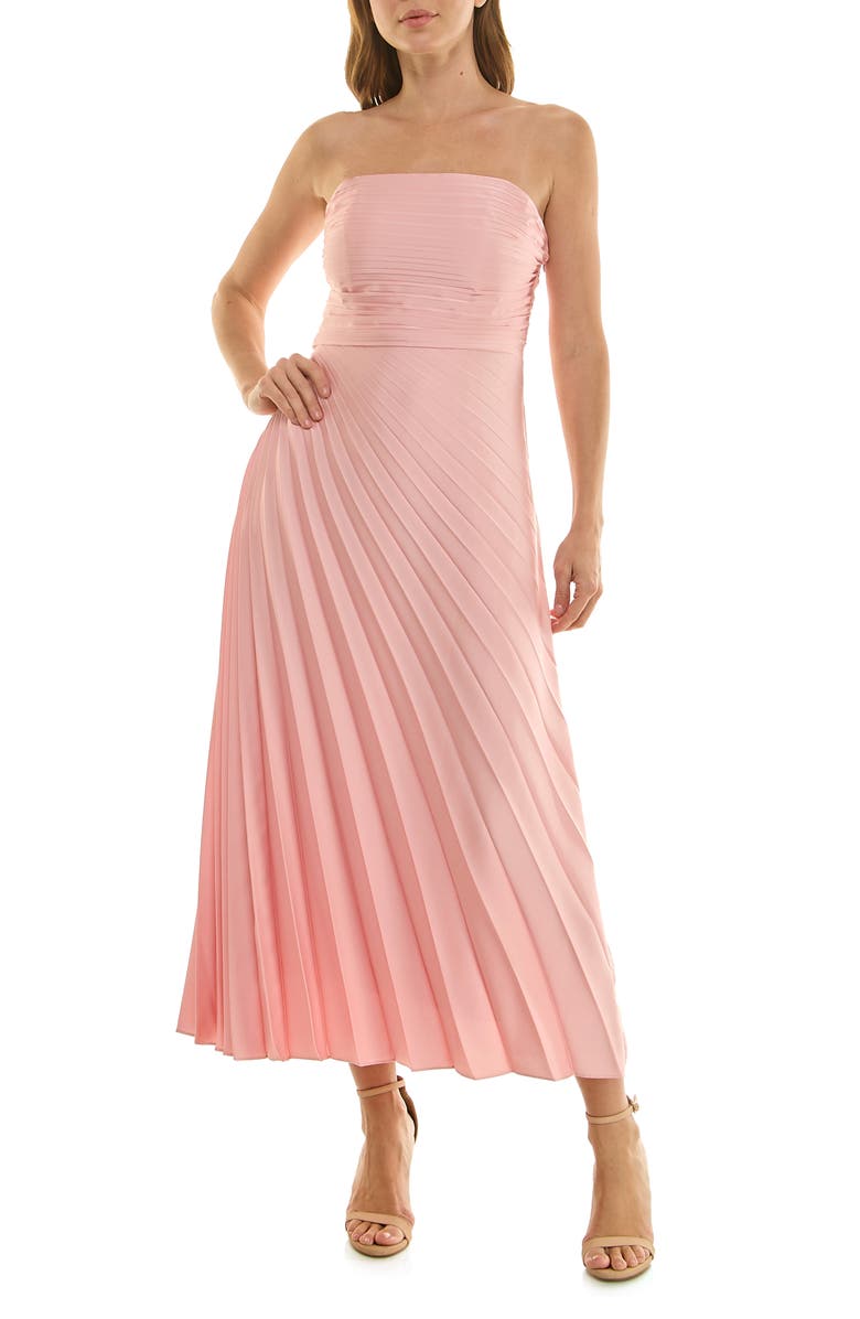 Nicole Miller Pleated Strapless Satin Cocktail Dress, Alternate, color, Crystal Rose