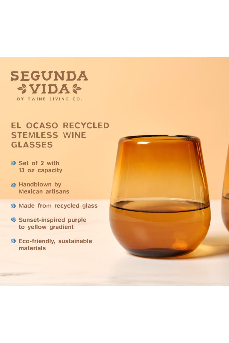 Segunda Vida El Ocaso Recycled Stemless Wine Glasses Set of 2, Alternate, color, Brown