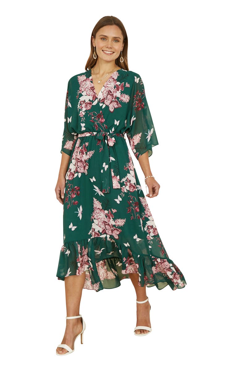Yumi Floral Kimono Dipped Hem Dress, Main, color, Green