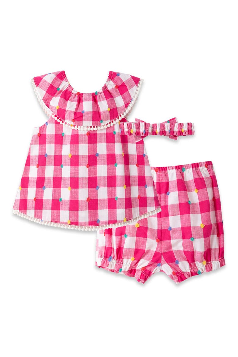 Pom Gingham Top, Shorts & Headband Set, Alternate, color, PINK