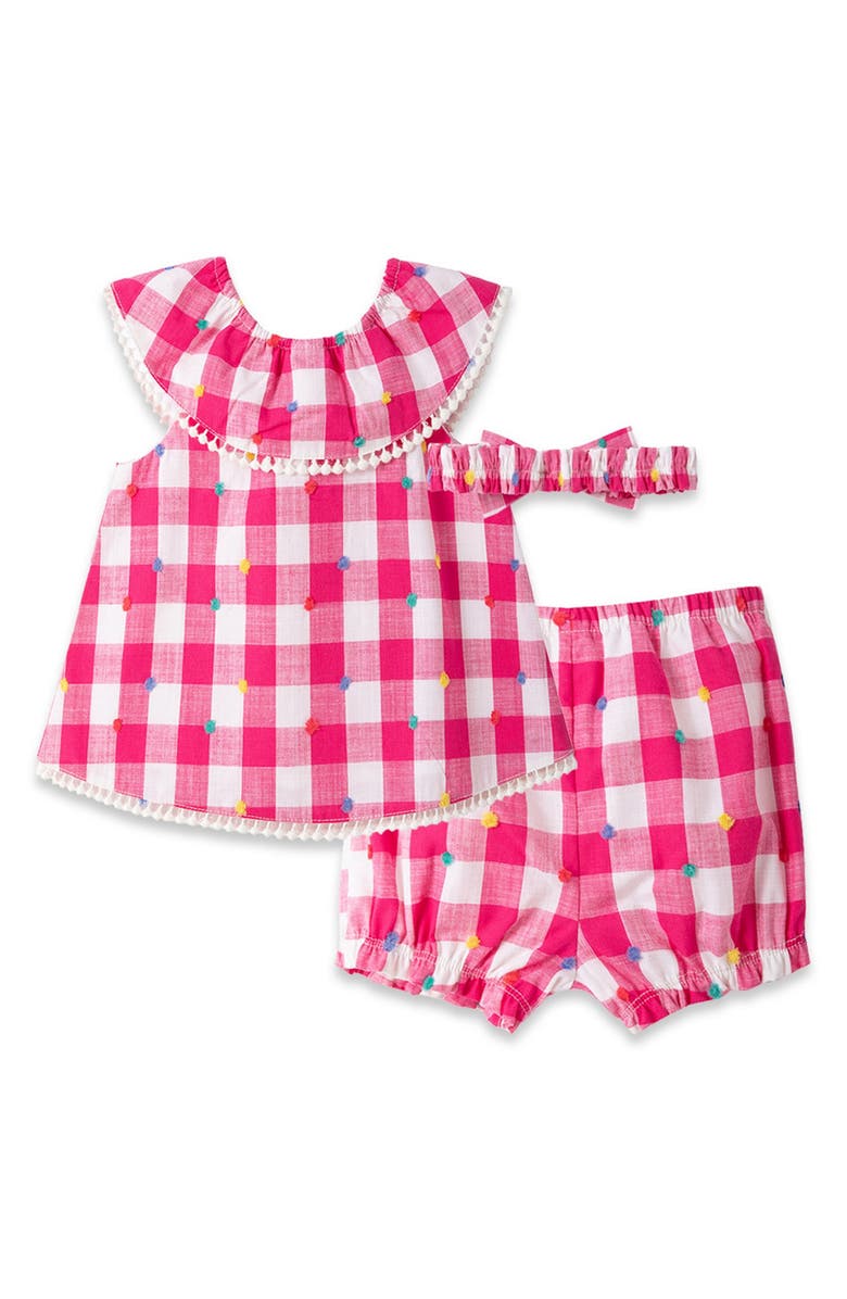 Little Me Pom Gingham Top, Shorts & Headband Set, Alternate, color,