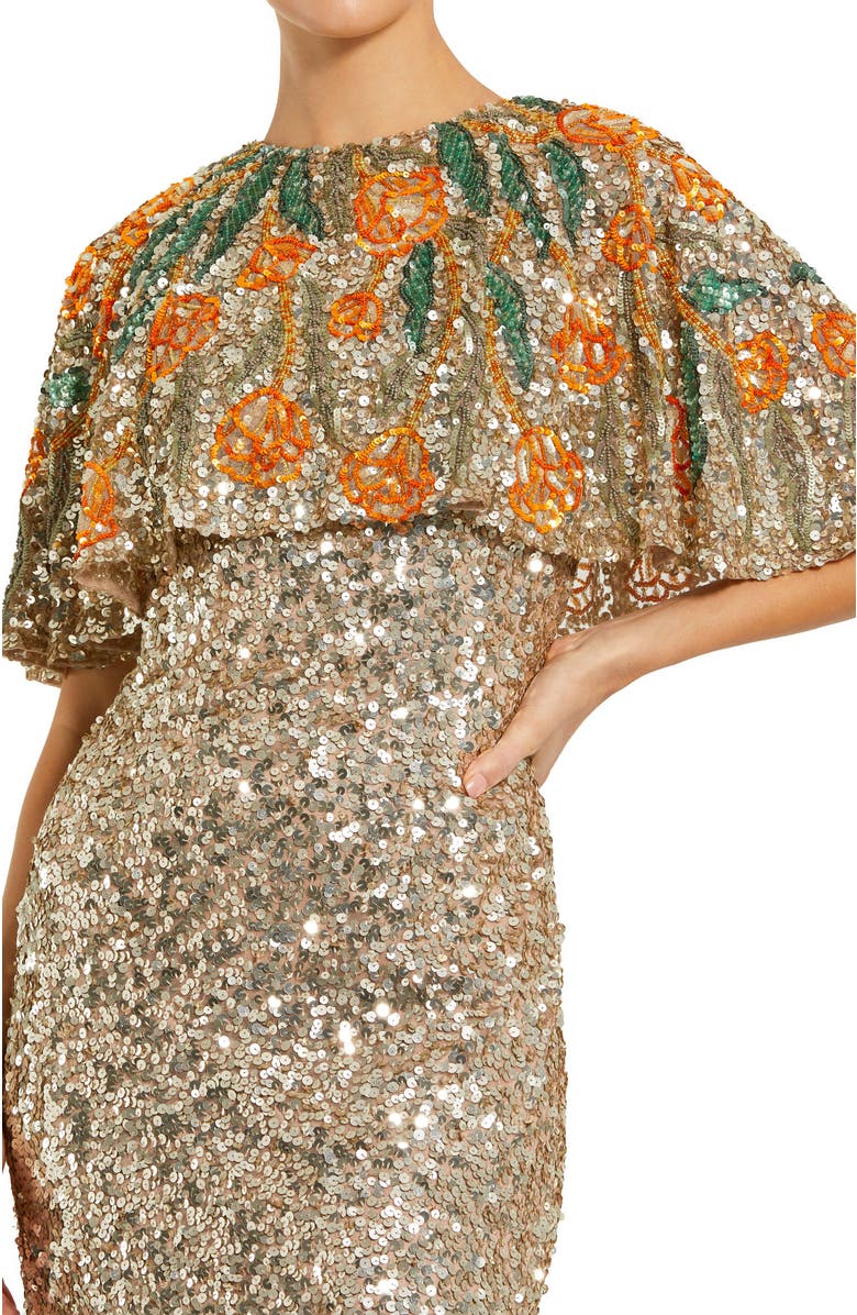 Mac Duggal Embellished Floral Beaded And Sequin Cape Gown, Alternate, color, Gold Multi