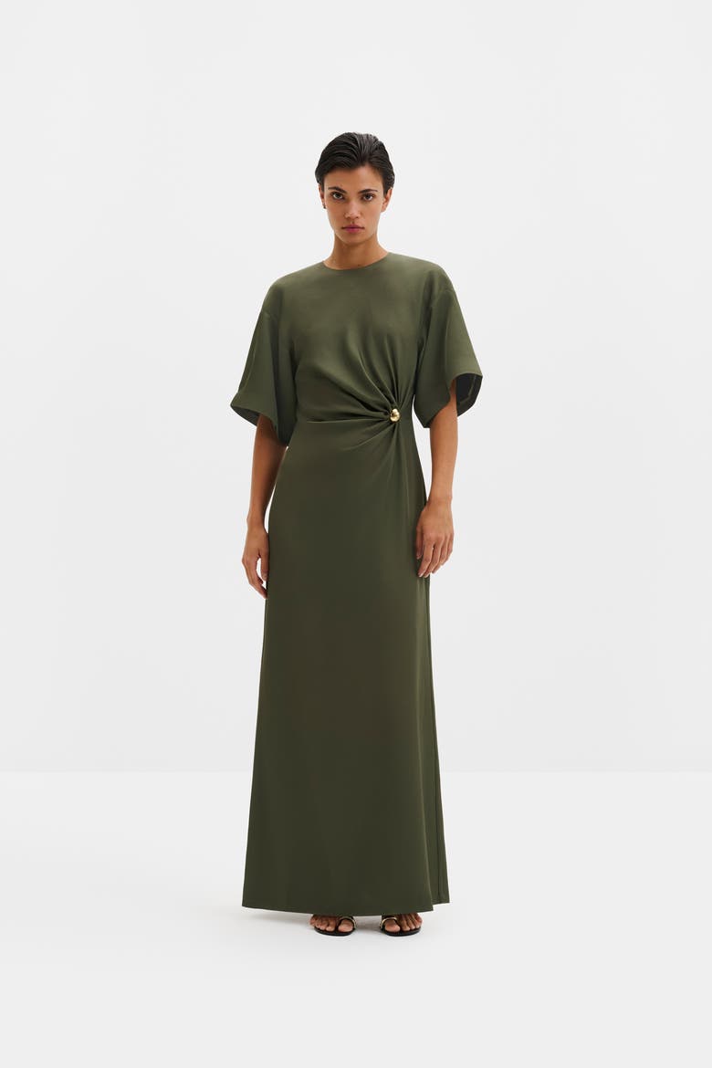 Zilla Brooch Detailed Maxi Dress, Main, color, Dusty Olive