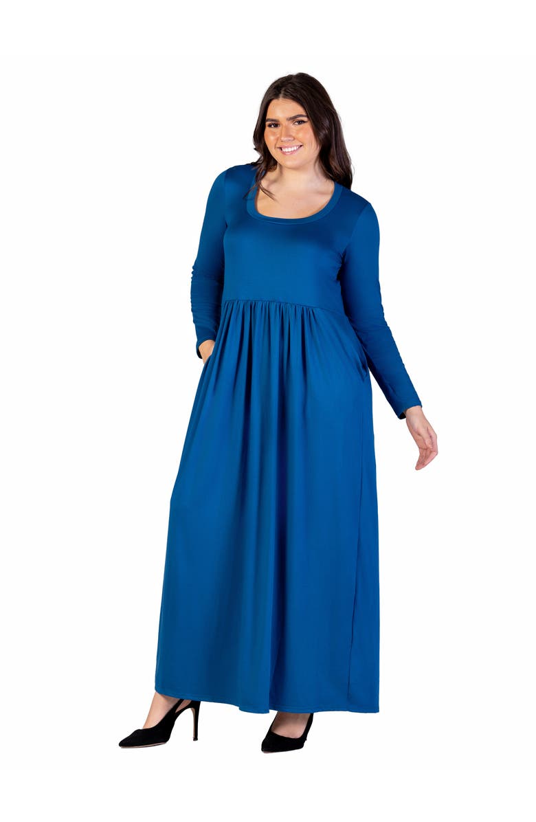 24seven Comfort Apparel Long Sleeve Empire Waist Pocket Maxi Dress, Alternate, color, Teal