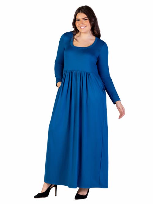 24seven Comfort Apparel Long Sleeve Empire Waist Pocket Maxi Dress In Blue