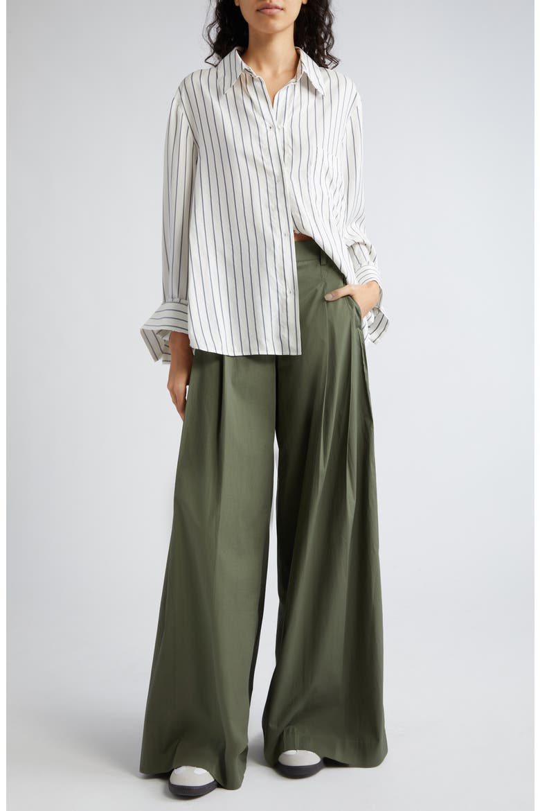 Didi Pleated Stretch Cotton Poplin Wide Leg Pants, Alternate, color, OLIVE NIGHT
