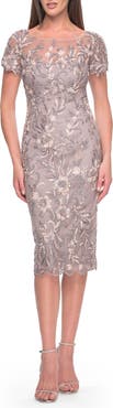 La Femme Knee Length Beaded Lace Mother of the Bride Dress