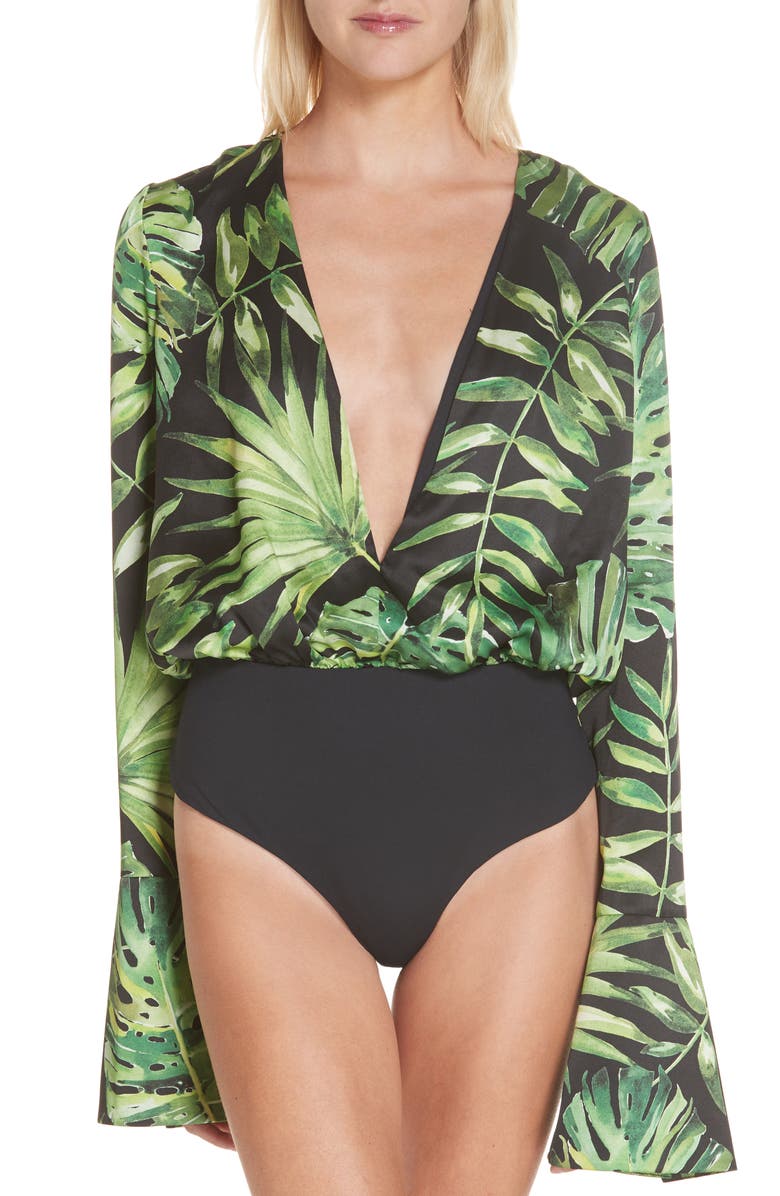 CAROLINE CONSTAS Daria Leaf Print Silk Bodysuit, Alternate, color,