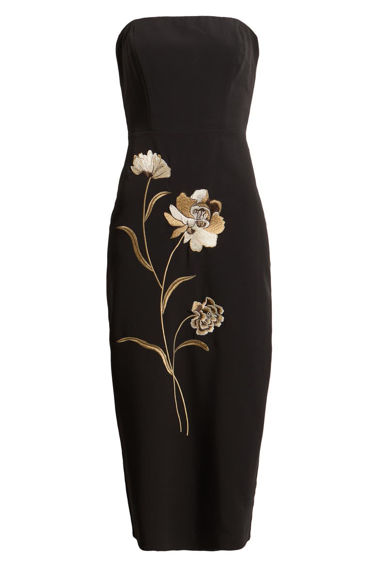 Embroidered Placed Floral Strapless Dress, Alternate, color, BLACK