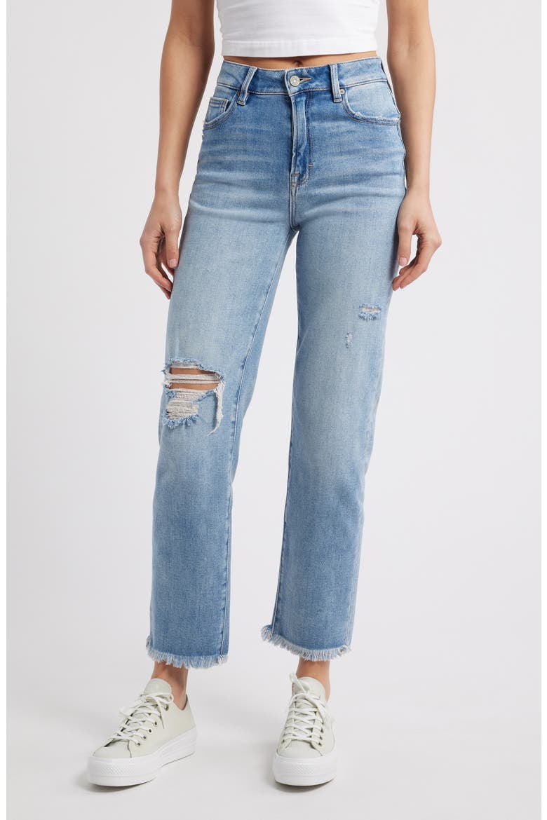 Distressed Fray Hem Straight Leg Jeans, Main, color, MED WASH