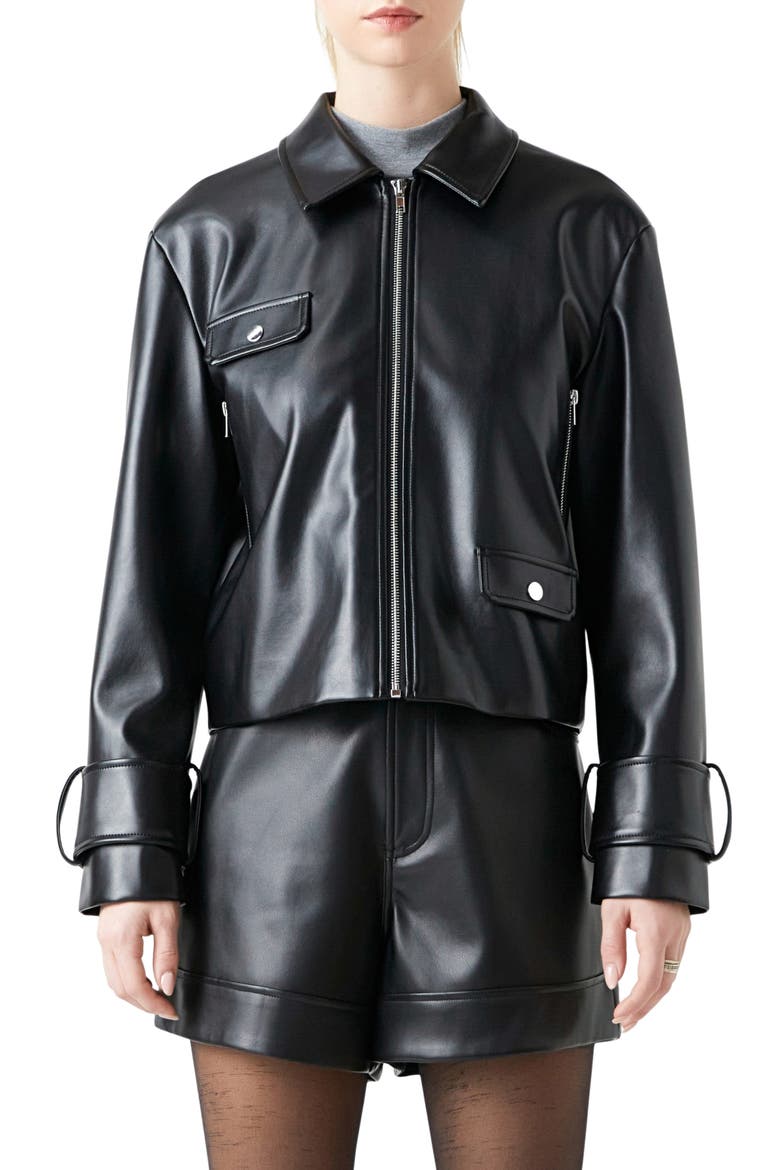 Faux Leather Zip Crop Jacket, Main, color, BLACK