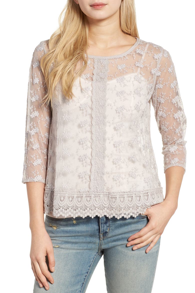 Embroidered Mesh Top, Main, color, GREY ASH