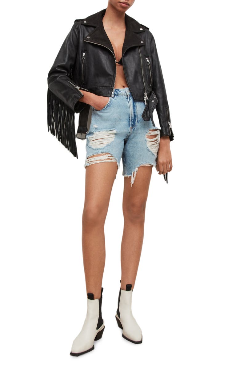 AllSaints Ayra Tassel Leather & Suede Jacket, Alternate, color, 