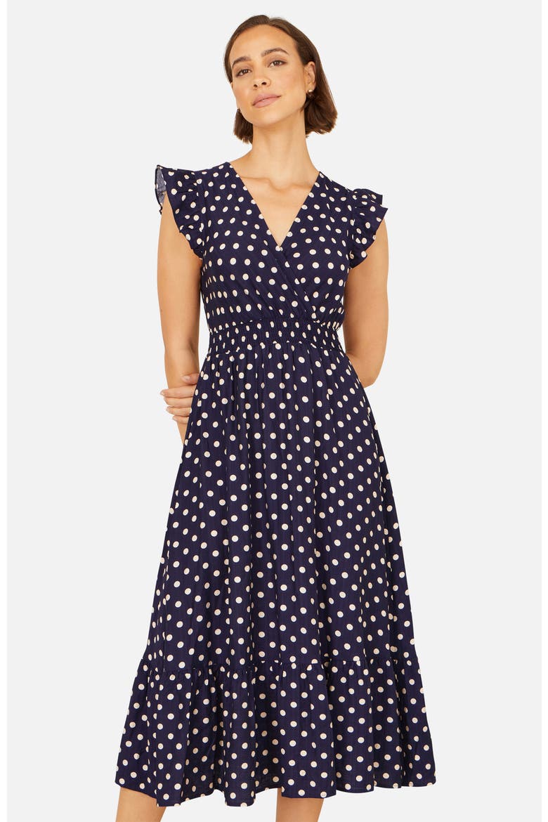 Spot Ruched Waist Midi Dress, Main, color, Navy