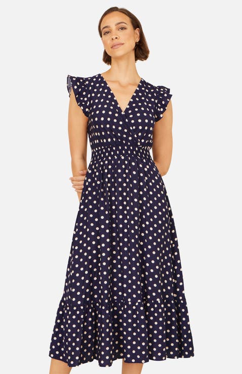 Spot Ruched Waist Midi Dress