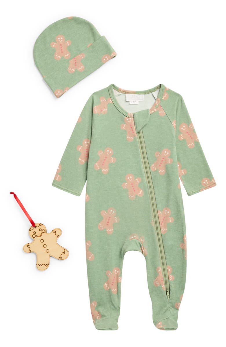 Toby Gingerbread Footie, Hat & Ornament Set, Main, color, Laurel Green