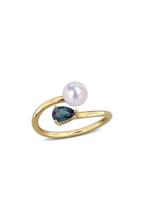 6-6.5mm Cultured Freshwater Pearl & Stone Bypass Ring