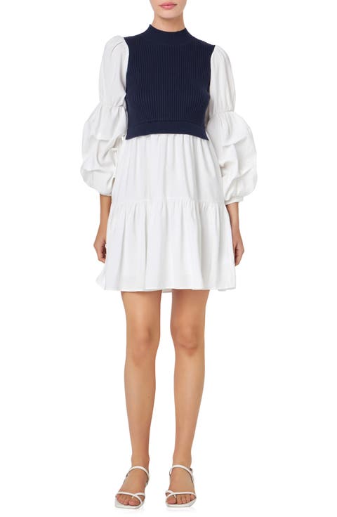 Mixed Media Long Sleeve Tiered Dress