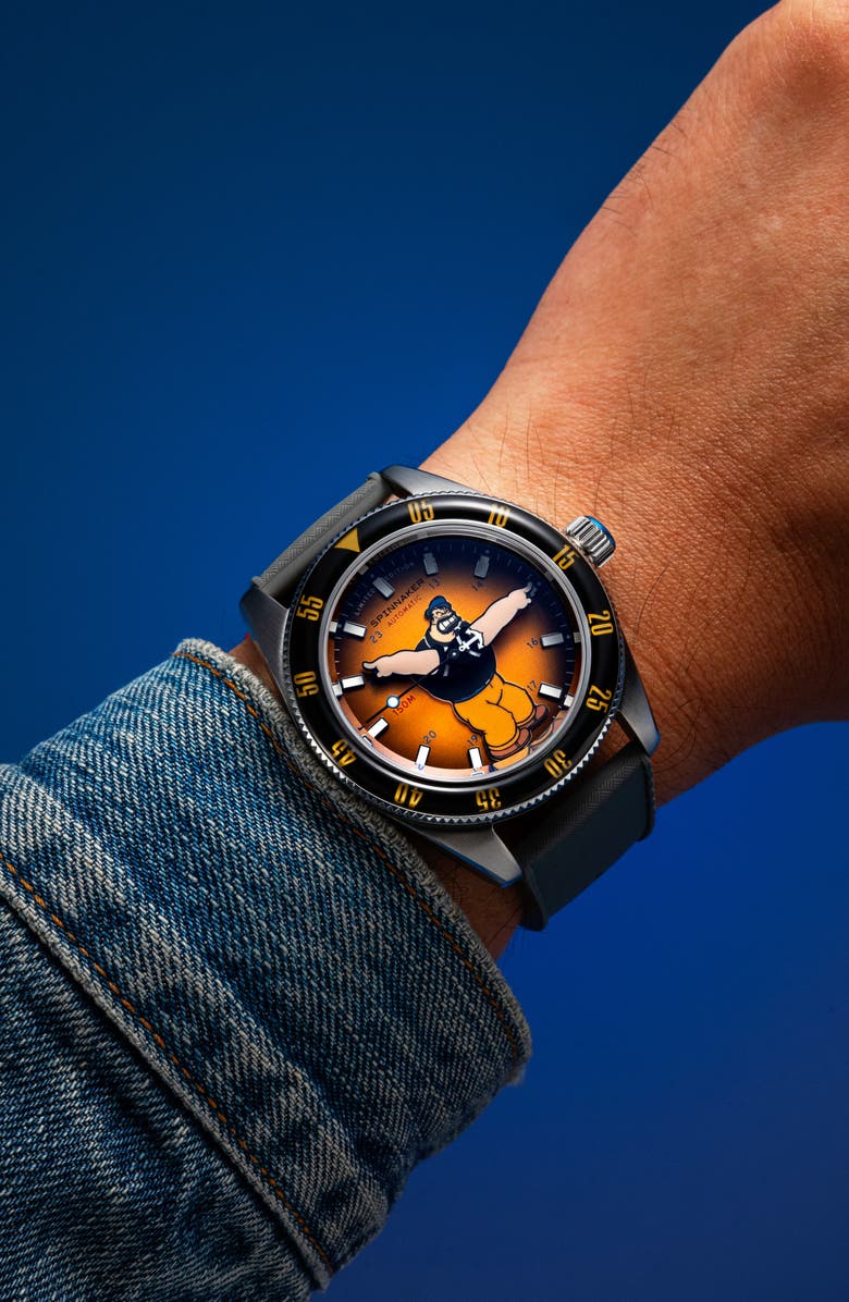 SPINNAKER x Popeye Fleuss Bronemies Automatic Silicone & Nylon Strap Watch, 43mm, Alternate, color, Yellow