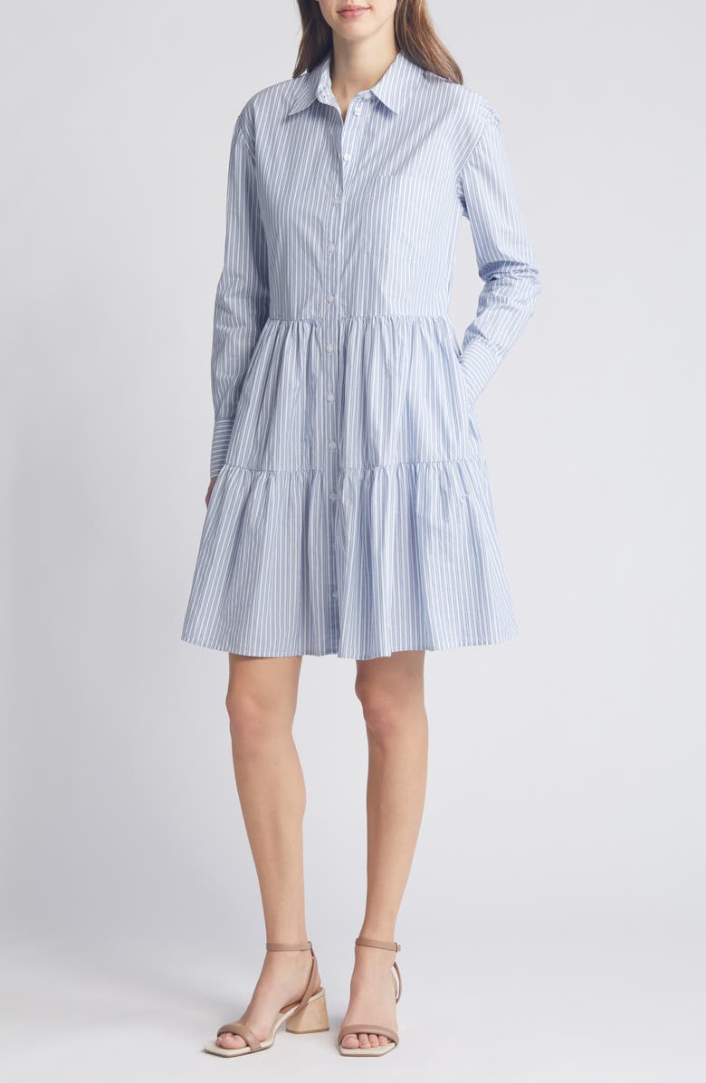 Caslon<sup
®</sup
Stripe Tiered Long Sleeve Shirtdress, Main, color,