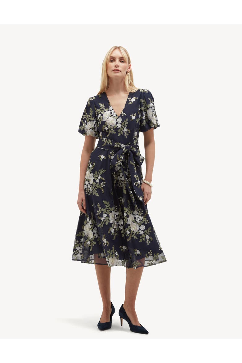Ira Embroidered V-Neck Midi Dress, Main, color, Midnightivory