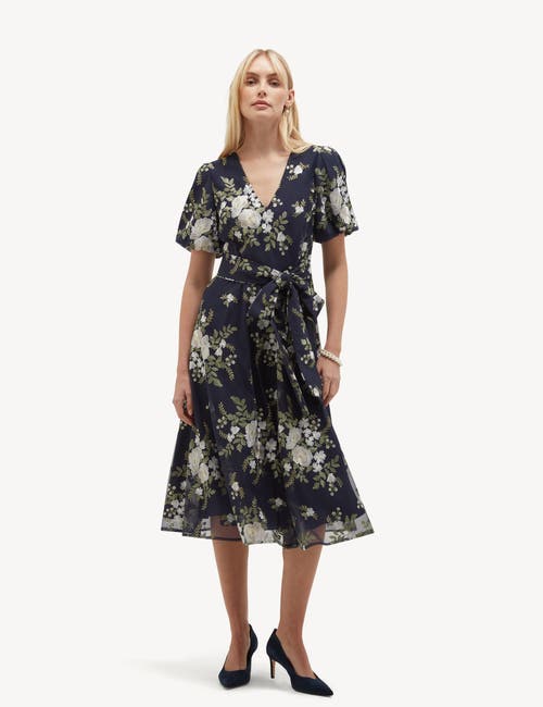 HOBBS LONDON Ira Embroidered V-Neck Midi Dress in Midnightivory at Nordstrom, Size 6
