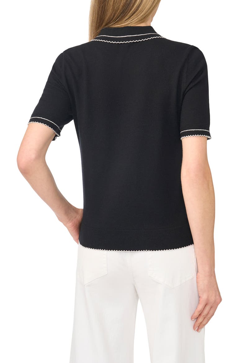 Scalloped Trim Short Sleeve Polo Sweater, Alternate, color, RICH BLACK