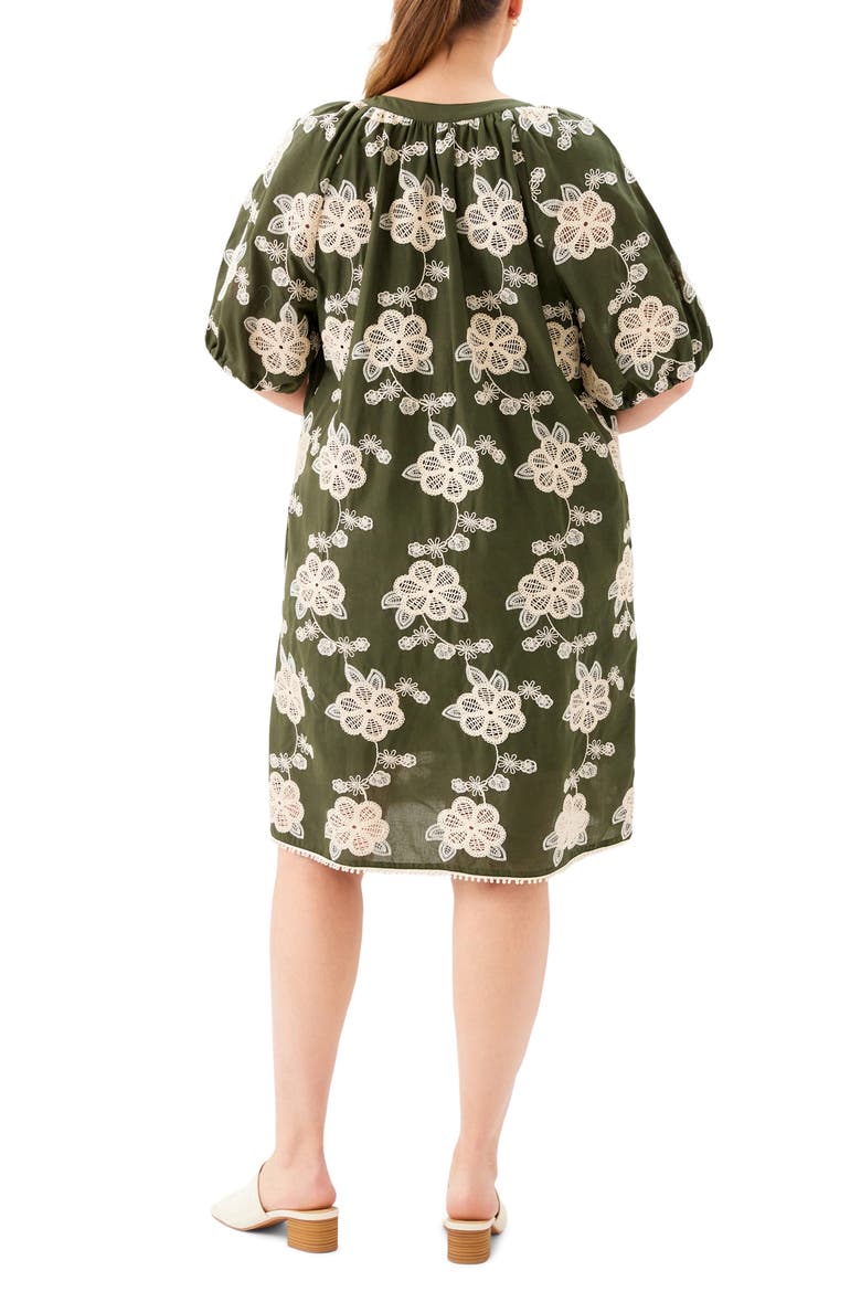 Embroidered Tassel Tie Puff Sleeve Shift Dress, Alternate, color, OLIVE/ NATURAL