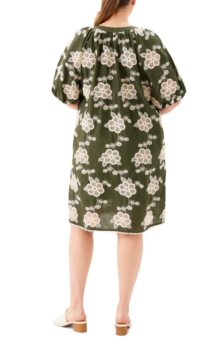 Karen Kane Embroidered Tassel Tie Puff Sleeve Shift Dress, Alternate, color, Olive/ Natural
