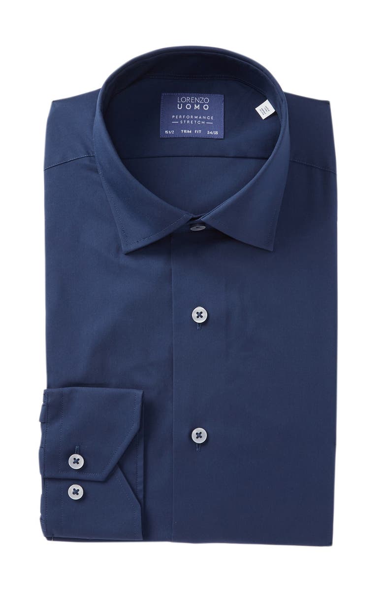 Lorenzo Uomo Travel Cotton Stretch Trim Fit Dress Shirt, Main, color, Navy
