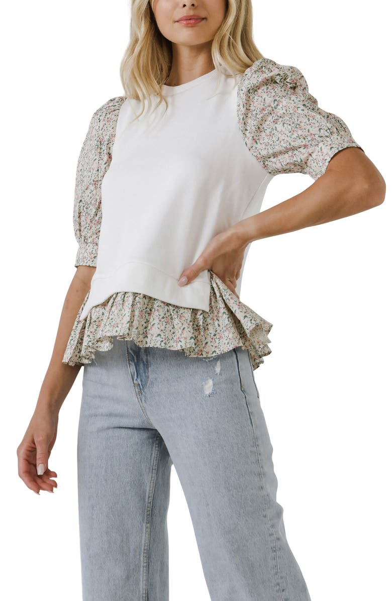 English Factory Mixed Media Puff Sleeve Cotton Top, Alternate, color, 