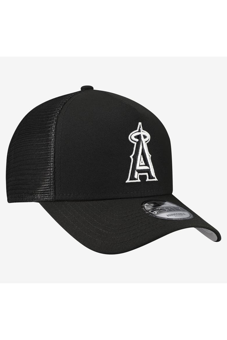 Men's New Era Black Los Angeles Angels Side Script 9FORTY A-Frame Trucker Adjustable Hat, Alternate, color, Black