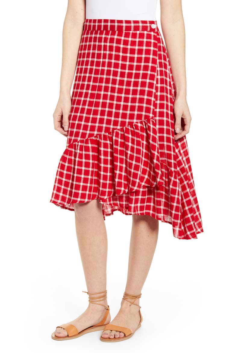 Lizzy Asymmetrical Ruffle Hem Skirt, Main, color, CHERRY WHITE GRID