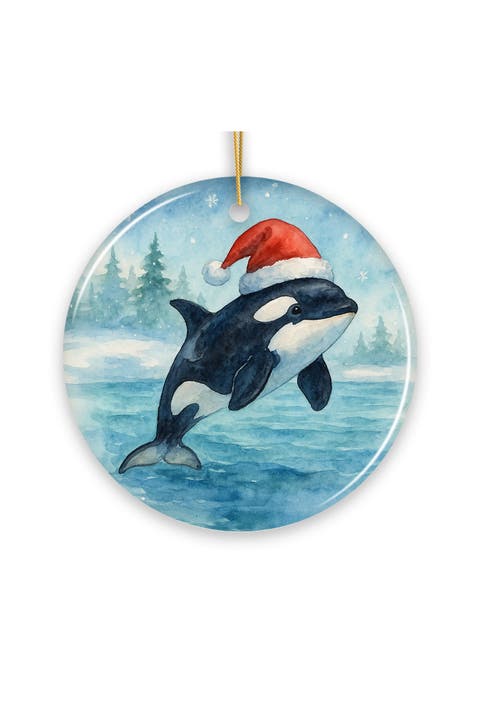 Watercolor Orca In Santa Hat Ceramic Ornament
