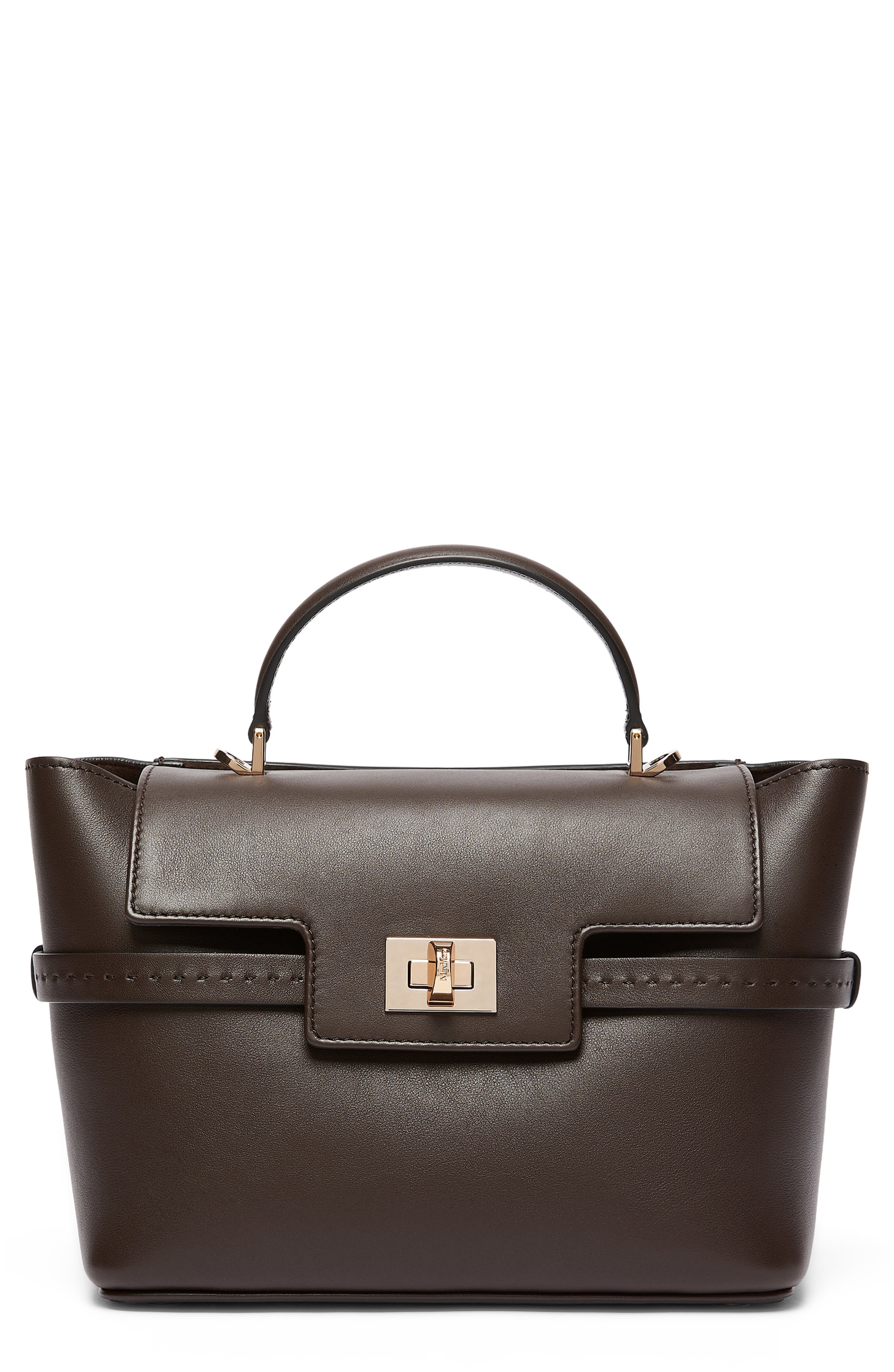 Margy Leather Top Handle Bag, Main, color, DARK BROWN