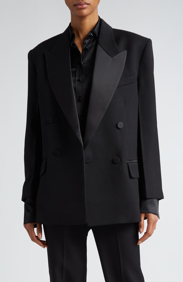 Victoria Beckham Satin Lapel Double Breasted Tuxedo Jacket, Main, color, 