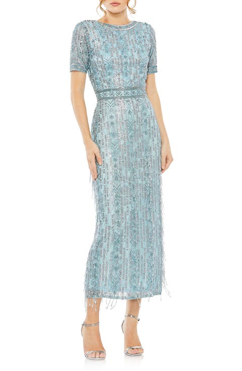 Women's High Neck Short Sleeve Crystal Fringe Column Dress