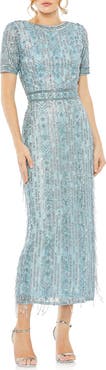 Mac Duggal Women's High Neck Short Sleeve Crystal Fringe Column Dress
